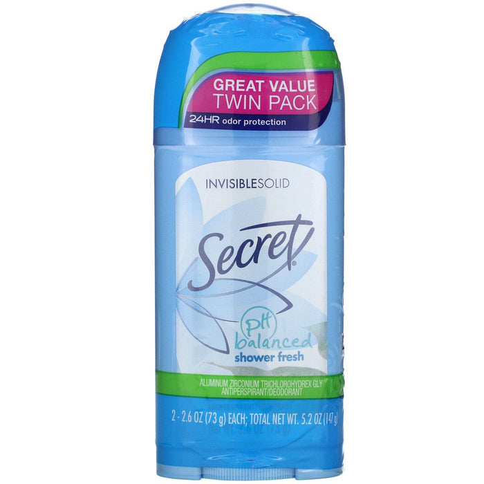 Secret, pH Balanced Antiperspirant/Deodorant, Invisible Solid, Shower Fresh, Twin Pack, 2.6 oz (73 g) Each - HealthCentralUSA