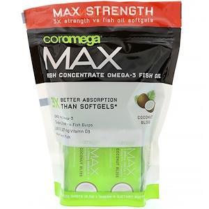 Coromega, Max, High Concentrate Omega-3 Fish Oil, Coconut Bliss, 60 Squeeze Shots, 2.5 g Each - HealthCentralUSA
