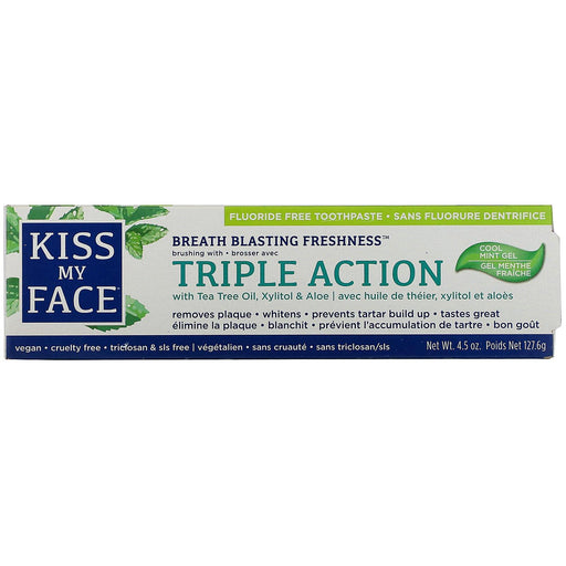 Kiss My Face, Triple Action Toothpaste with Tea Tree Oil, Xylitol & Aloe, Fluoride Free, Cool Mint Gel, 4.5 oz (127.6 g) - HealthCentralUSA