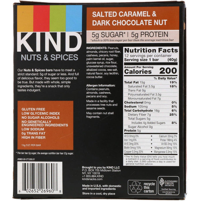 KIND Bars, Nuts & Spices, Salted Caramel & Dark Chocolate Nut, 12 Bars, 1.4 oz (40 g) Each - HealthCentralUSA