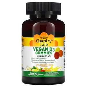 Country Life, Vegan D3 Gummies, Lemon, Strawberry & Orange Flavors, 25 mcg (1,000 IU), 60 Gummies - HealthCentralUSA