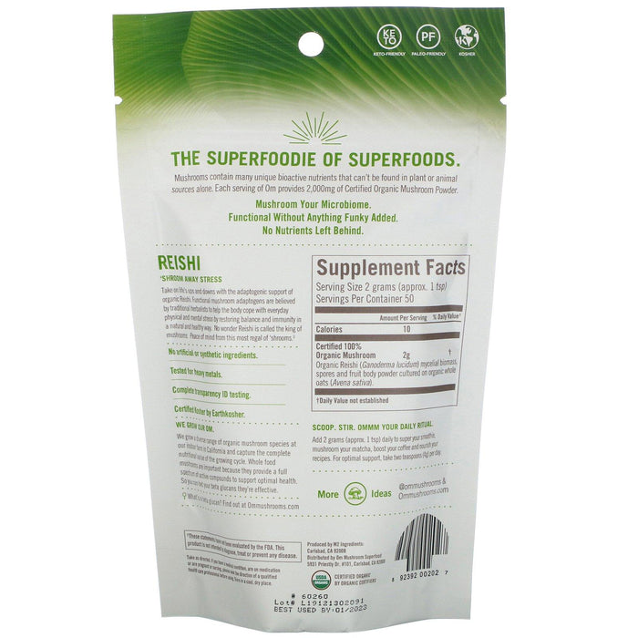 Om Mushrooms, Reishi, Certified 100% Organic Mushroom Powder, 3.5 oz (100 g) - HealthCentralUSA