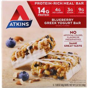 Atkins, Greek Yogurt Bar, Blueberry, 5 Bars, 1.69 oz (48 g) Each - HealthCentralUSA