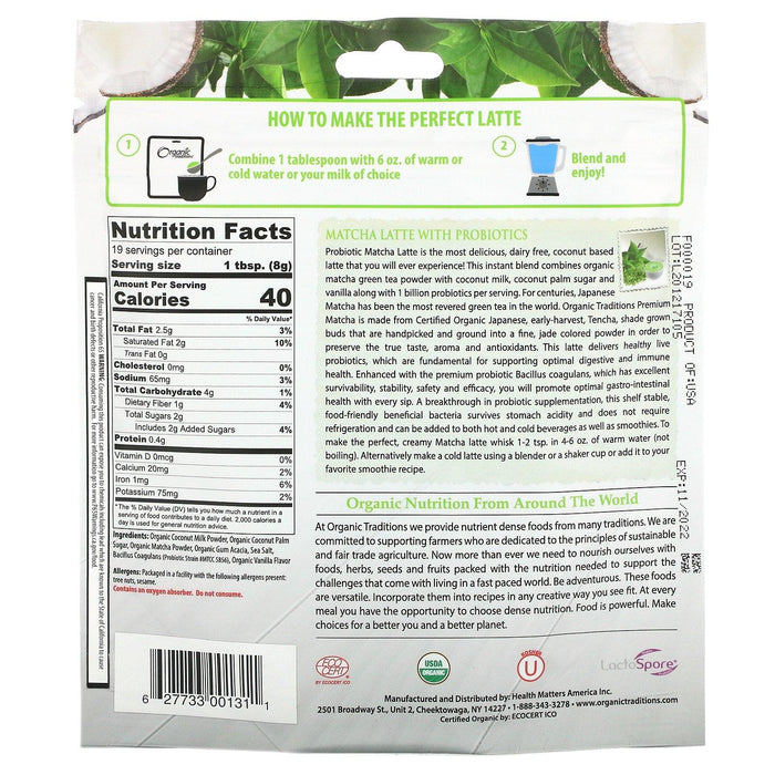 Organic Traditions, Matcha Latte with Probiotics, 5.3 oz (150 g) - HealthCentralUSA