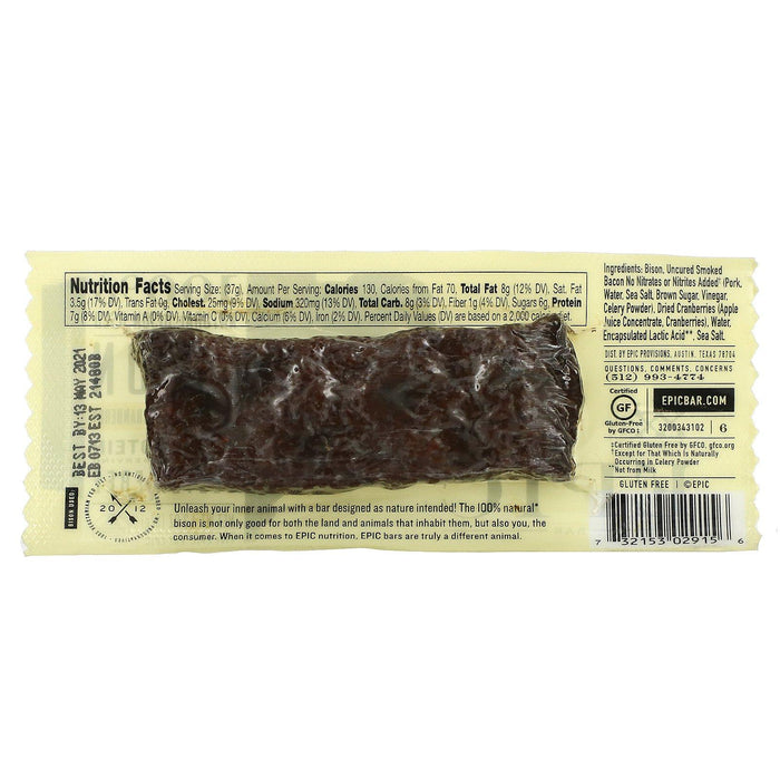 Epic Bar, Bison, Uncured Bacon + Cranberry, 1 Bar, 1.3 oz (37 g) - HealthCentralUSA
