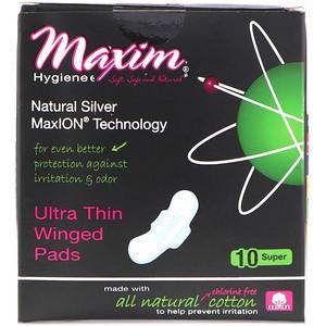 Maxim Hygiene Products, Ultra Thin Winged Pads, Natural Silver MaxION Technology, Super, 10 Pads - HealthCentralUSA