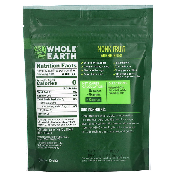 Whole Earth, Plant-Based Sugar Alternative, Monk Fruit with Erythritol, 12 oz (340 g)