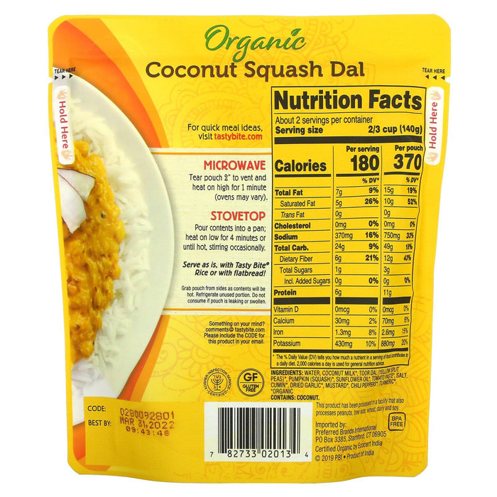 Tasty Bite, Organic Indian Coconut Squash Dal, Mild, 10 oz (285 g) - HealthCentralUSA