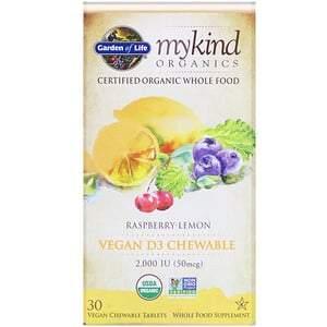 Garden of Life, MyKind Organics, Vegan D3, Raspberry-Lemon, 50 mcg (2,000 IU), 30 Vegan Chewable Tablets - HealthCentralUSA