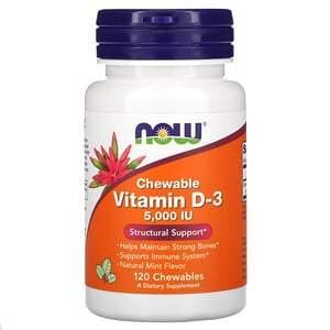 Now Foods, Chewable Vitamin D-3, Natural Mint, 5,000 IU, 120 Chewables - HealthCentralUSA