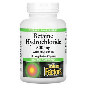 Natural Factors, Betaine Hydrochloride with Fenugreek, 500 mg, 180 Vegetarian Capsules - HealthCentralUSA