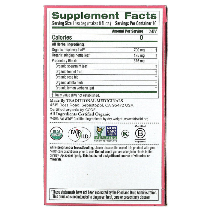 Traditional Medicinals, Organic Pregnancy Tea, Raspberry Leaf, Caffeine Free, 16 Wrapped Tea Bags, .99 oz (28 g) - HealthCentralUSA