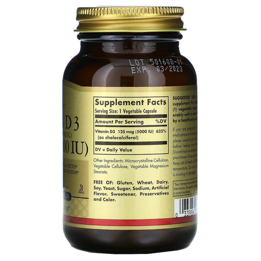 Solgar, Vitamin D3 (Cholecalciferol), 125 mcg (5000 IU), 120 Vegetable Capsules - HealthCentralUSA