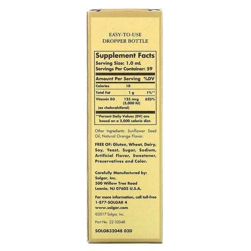 Solgar, Liquid Vitamin D3, Natural Orange Flavor, 125 mcg (5,000 IU), 2 fl oz (59 ml) - HealthCentralUSA