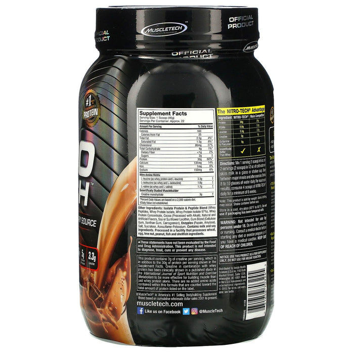 Muscletech, Performance Series, Nitro Tech, Whey Peptides & Isolate Primary Source, Milk Chocolate, 2.20 lbs (998 g) - HealthCentralUSA