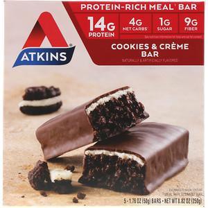 Atkins, Protein-Rich Meal Bar, Cookies n' Creme Bar, 5 Bars, 1.76 oz (50 g) Each - HealthCentralUSA
