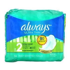 Always, Ultra Thin with Wings, Size 2, Long Super, 16 Pads - HealthCentralUSA