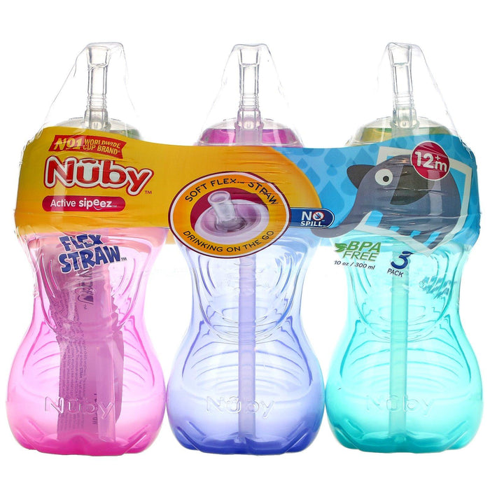 Nuby, No Spill FlexStraw Cups, 12+ Months, Girl, 3 Pack, 10 oz (300 ml) Each - HealthCentralUSA