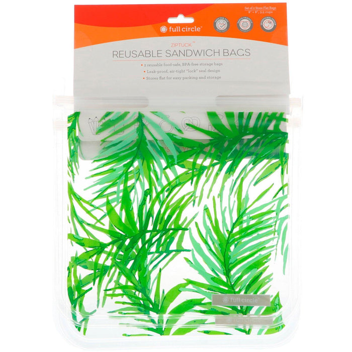 Full Circle, ZipTuck, Reusable Sandwich Bags, Palm Leaves, 2 Bags - HealthCentralUSA