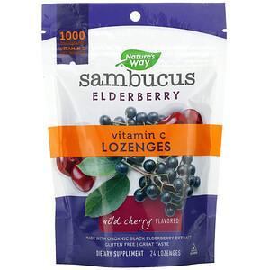 Nature's Way, Sambucus Elderberry, Vitamin C Lozenges, Wild Cherry Flavored, 24 Lozenges - HealthCentralUSA