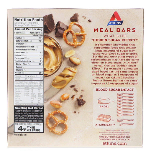 Atkins, Chocolate Peanut Butter Pretzel Bar, 5 Bars, 1.69 oz (48 g) Each - HealthCentralUSA