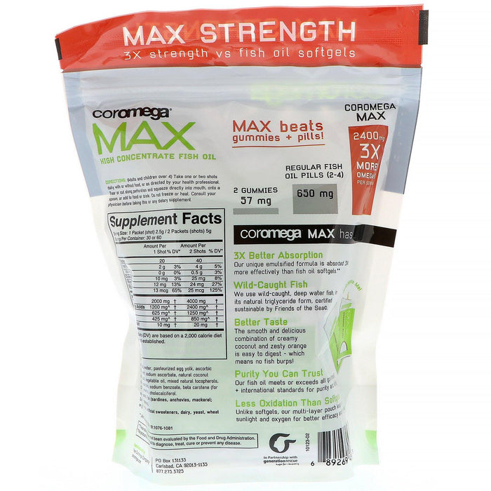 Coromega, Max, High Concentrate Omega-3 Fish Oil, Coconut Bliss, 60 Squeeze Shots, 2.5 g Each - HealthCentralUSA