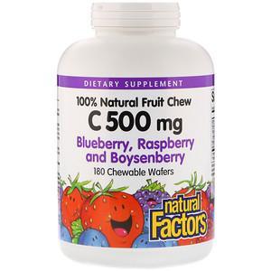 Natural Factors, 100% Natural Fruit Chew Vitamin C, Blueberry, Raspberry and Boysenberry, 500 mg, 180 Chewable Wafers - HealthCentralUSA