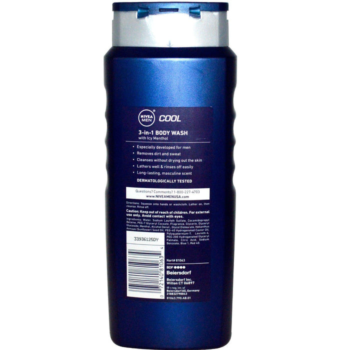 Nivea, Men 3-in-1 Body Wash, Cool, 16.9 fl oz (500 ml) - HealthCentralUSA