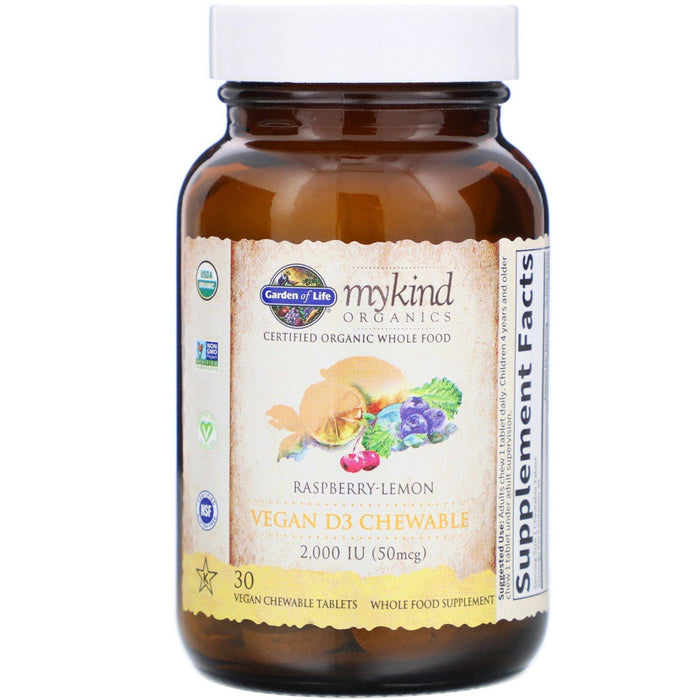 Garden of Life, MyKind Organics, Vegan D3, Raspberry-Lemon, 50 mcg (2,000 IU), 30 Vegan Chewable Tablets - HealthCentralUSA