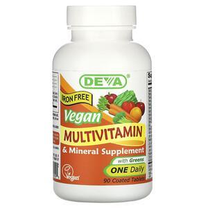 Deva, Vegan Multivitamin & Mineral Supplement with Greens, Iron Free, 90 Coated Tablets - HealthCentralUSA