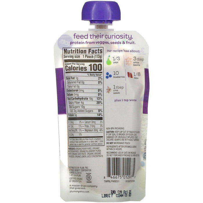Plum Organics, Mighty Protein & Fiber, Tots, Pear, White Bean, Blueberry, Date & Chia, 4 oz (113 g) - HealthCentralUSA