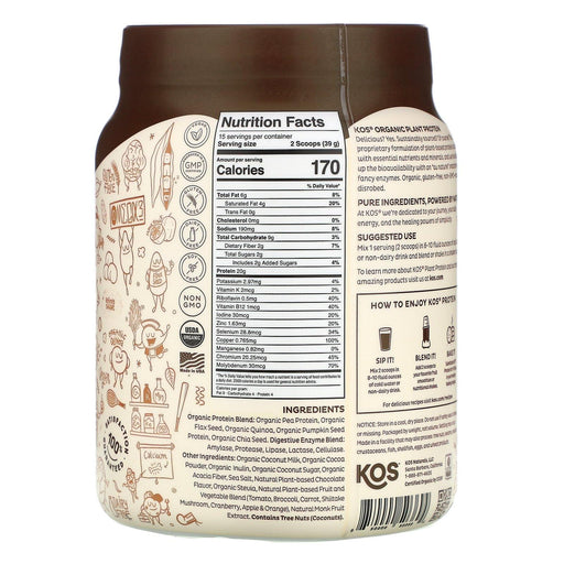 KOS, Organic Plant Protein, Chocolate, 1.3 lb (585 g) - HealthCentralUSA