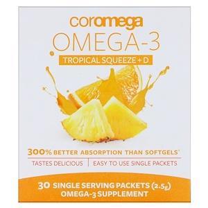Coromega, Omega-3 Squeeze + Vit D, Tropical Orange, 30 Single Serving Packets, 2.5 g Each - HealthCentralUSA
