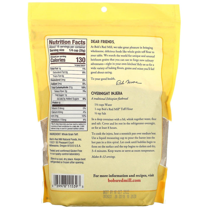 Bob's Red Mill, Stone Ground Teff Flour, Whole Grain, 20 oz ( 567 g) - HealthCentralUSA
