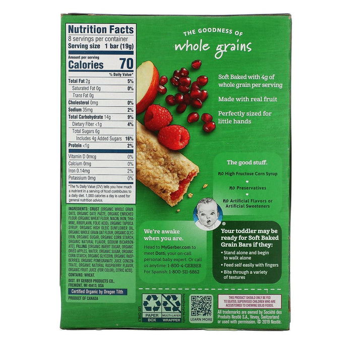 Gerber, Organic, Grain & Grow, Soft Baked Grain Bars, 12+ Months, Raspberry Pomegranate, 8 Individually Wrapped Bars - HealthCentralUSA