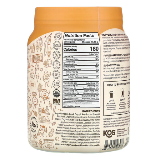KOS, Organic Plant Protein, Chocolate Peanut Butter, 1.28 lb (583 g) - HealthCentralUSA