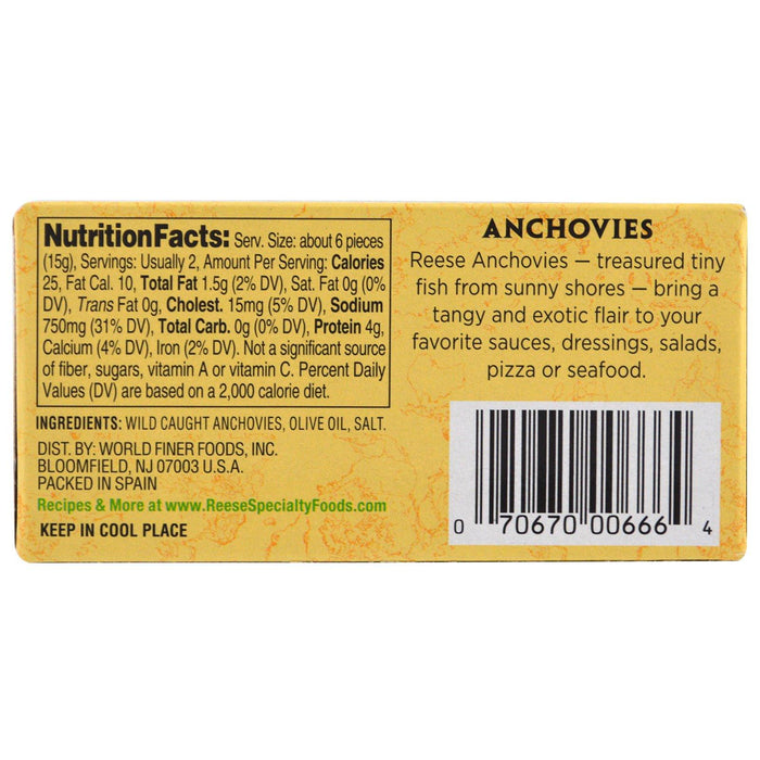 Reese, Flat Fillets of Anchovies, in Pure Olive Oil, 2 oz (56 g) - HealthCentralUSA