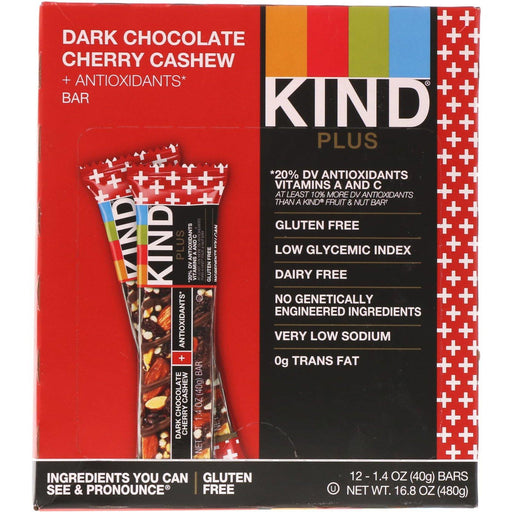 KIND Bars, Kind Plus, Dark Chocolate Cherry Cashew + Antioxidants, 12 Bars, 1.4 oz (40 g) Each - HealthCentralUSA