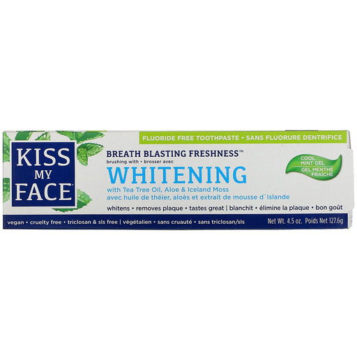 Kiss My Face, Whitening Toothpaste with Tea Tree Oil, Aloe & Iceland Moss, Fluoride Free, Cool Mint Gel, 4.5 oz (127.6 g) - HealthCentralUSA