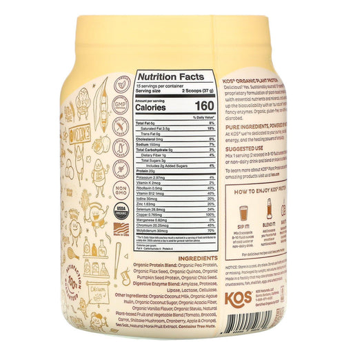 KOS, Organic Plant Protein, Vanilla, 1.2 lb (555 g) - HealthCentralUSA
