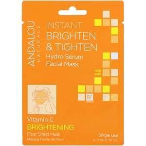 Andalou Naturals, Instant Brighten & Tighten, Hydro Serum Beauty Facial Mask, Brightening, 1 Single Use Fiber Sheet Mask, .6 fl oz (18 ml) - HealthCentralUSA