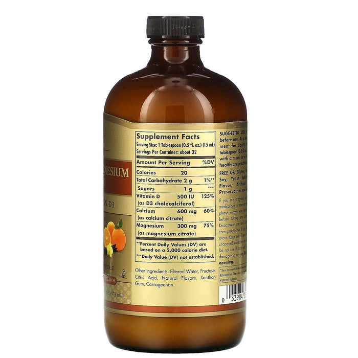 Solgar, Liquid Calcium Magnesium Citrate with Vitamin D3, Natural Orange Vanilla, 16 fl oz (473 ml) - HealthCentralUSA