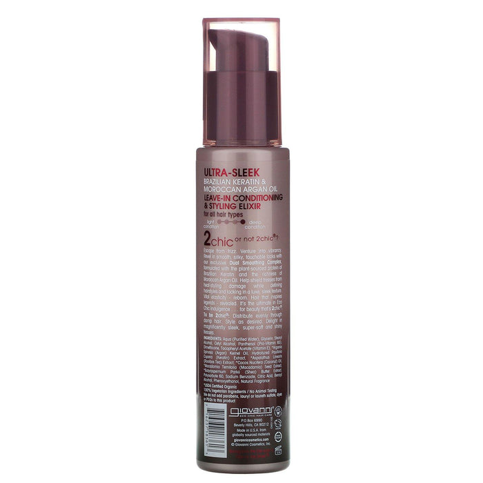 Giovanni, 2chic, Ultra Sleek Leave-In Conditioning & Styling Elixir, For All Hair Types, Brazilian Keratin + Moroccan Argan Oil, 4 fl oz (118 ml) - HealthCentralUSA