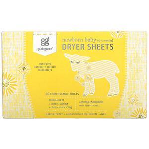 Grab Green, Newborn Baby Dryer Sheets, 0-4 Months, Calming Chamomile, 40 Sheets - HealthCentralUSA