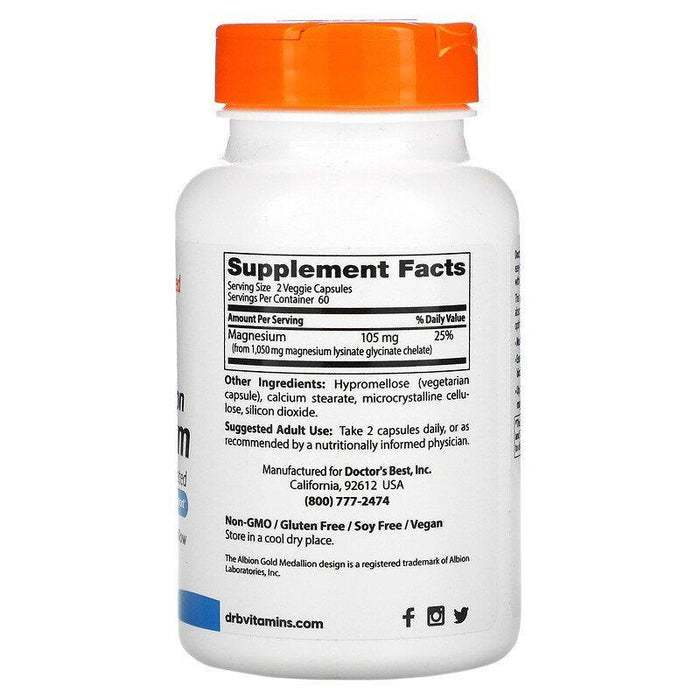 Doctor's Best, High Absorption Magnesium, Lysinate Glycinate 100% Chelated, 105 mg, 120 Veggie Caps - HealthCentralUSA