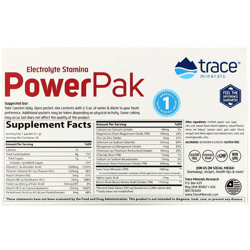 Trace Minerals Research, Electrolyte Stamina PowerPak, Raspberry, 30 Packets, 0.18 oz (5.1 g) Each - HealthCentralUSA
