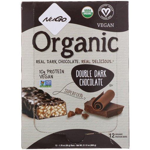 NuGo Nutrition, Organic Protein Bars, Double Dark Chocolate, 12 Bars, 1.76 oz (50 g) Each - HealthCentralUSA