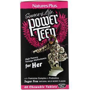 Nature's Plus, Source of Life, Power Teen, For Her, Sugar Free, Natural Wild Berry Flavor, 60 Chewable Tablets - HealthCentralUSA