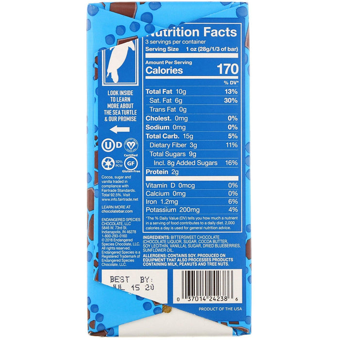 Endangered Species Chocolate, Luscious Blueberries + Dark Chocolate, 72% Cocoa, 3 oz (85 g) - HealthCentralUSA