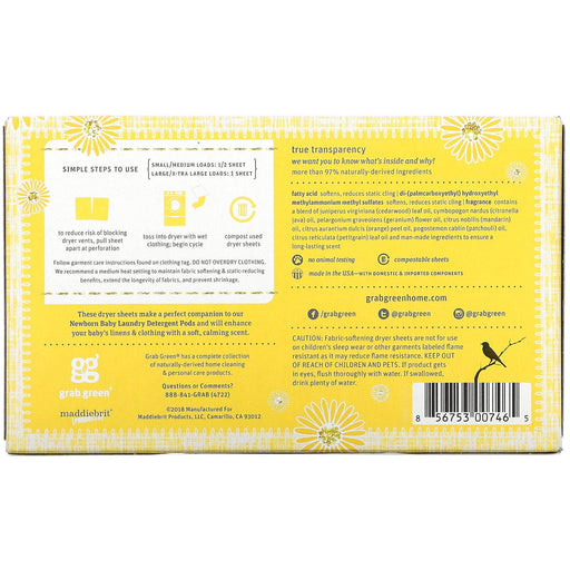 Grab Green, Newborn Baby Dryer Sheets, 0-4 Months, Calming Chamomile, 40 Sheets - HealthCentralUSA